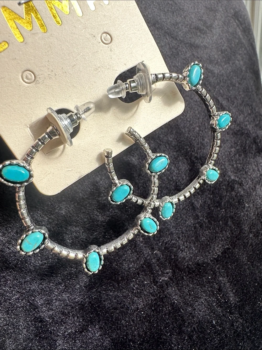 Turquoise Stone Silver Hoop Earrings - Women's Jewelry by